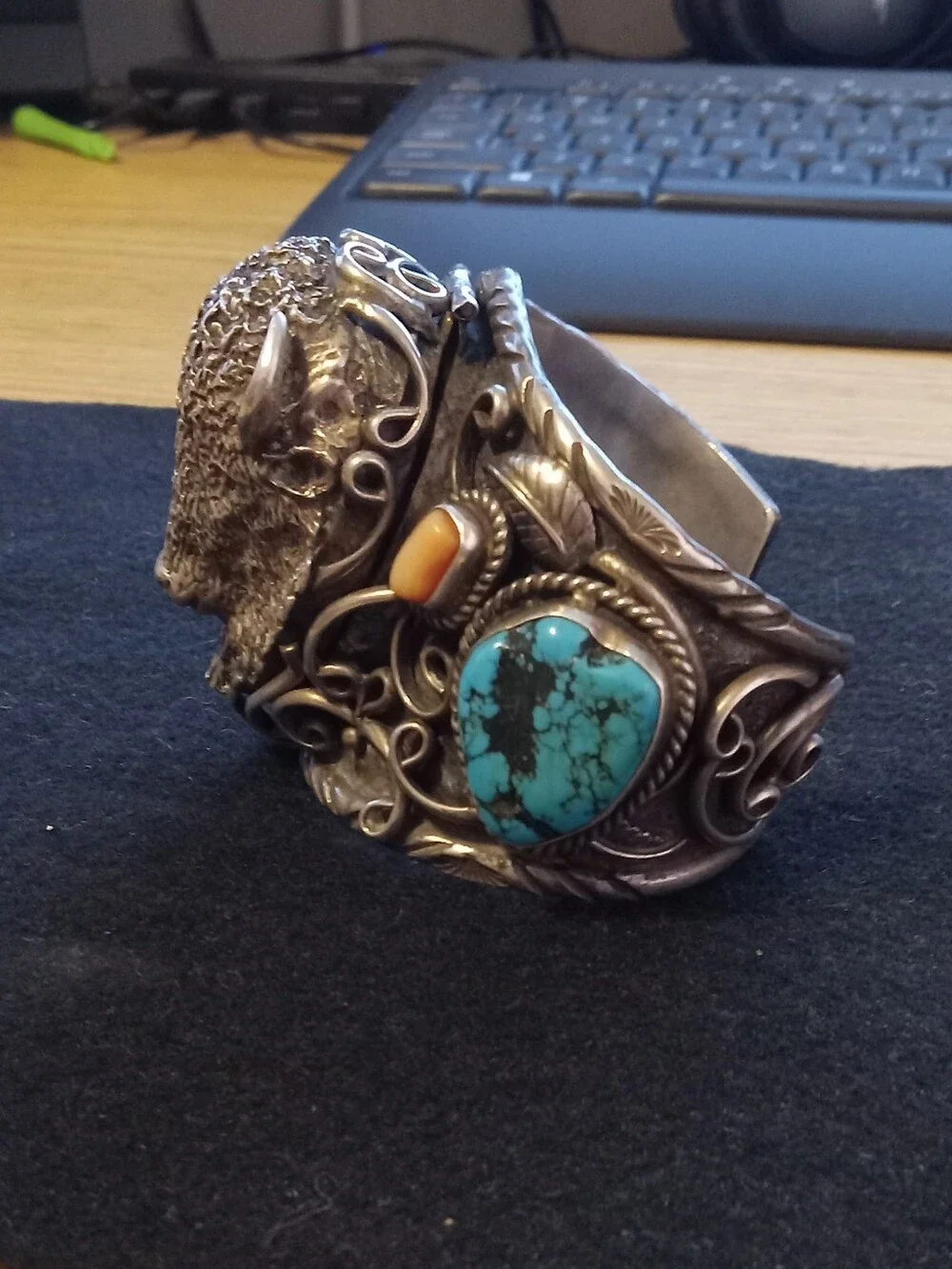 Sterling Silver Buffalo Cuff/watch Bracelet with Turquoise and Coral NAVAJO 1970